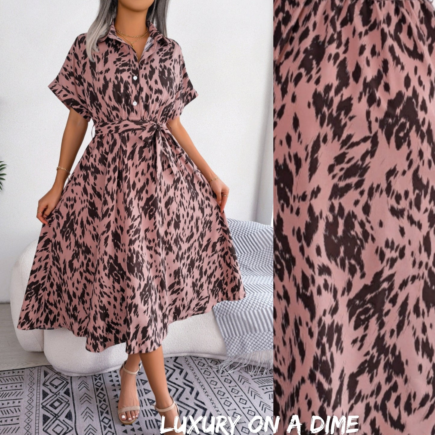 Brush Stroke Print Collared Short Sleeve Waist Tie Belt Midi Dress