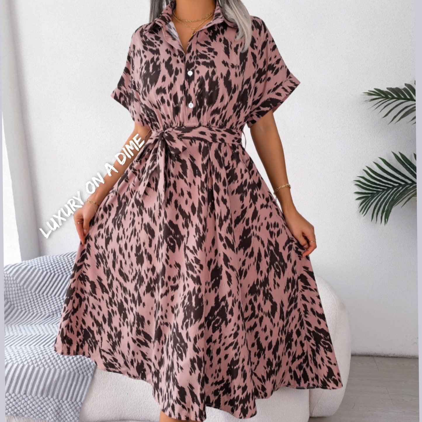 Brush Stroke Print Collared Short Sleeve Waist Tie Belt Midi Dress