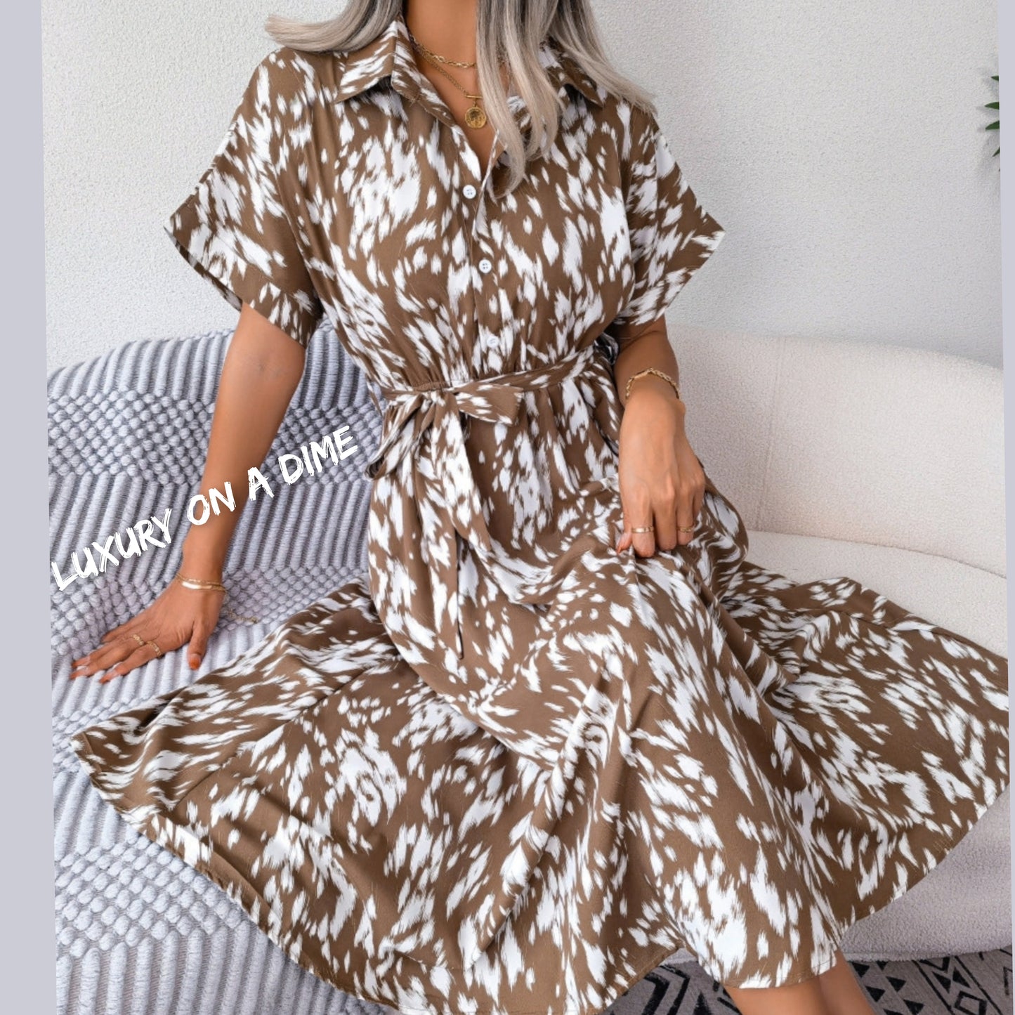 Brush Stroke Print Collared Short Sleeve Waist Tie Belt Midi Dress