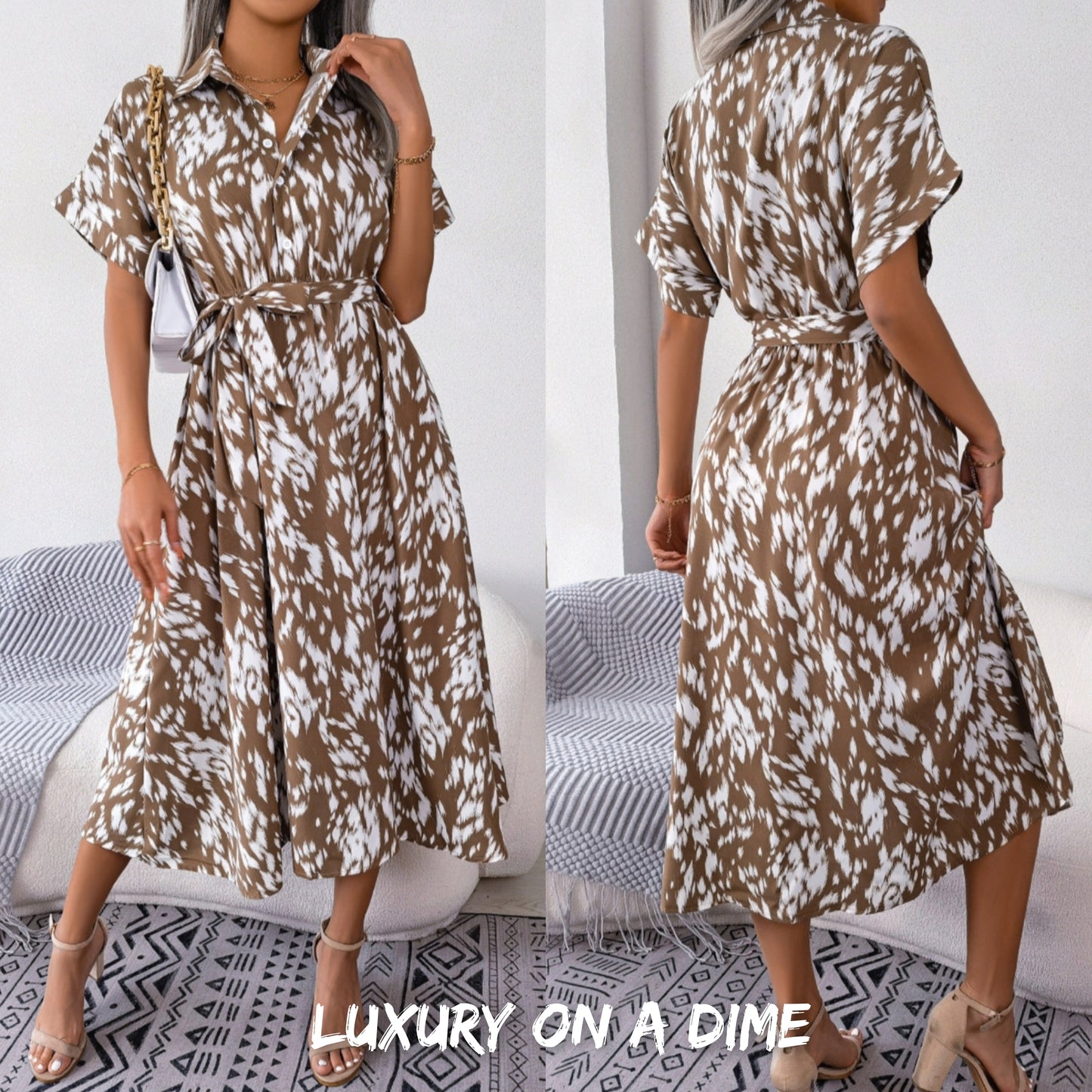 Brush Stroke Print Collared Short Sleeve Waist Tie Belt Midi Dress