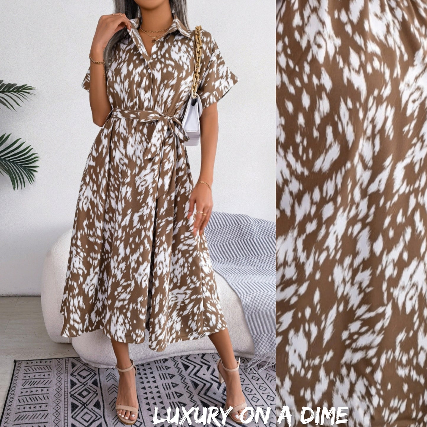 Brush Stroke Print Collared Short Sleeve Waist Tie Belt Midi Dress