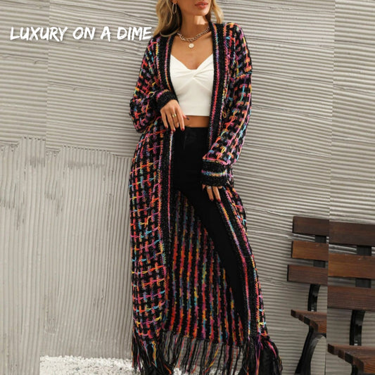 Retro Knit Bold Colorful Open Front Fringe Hem Longline Duster Sweater Cardigan