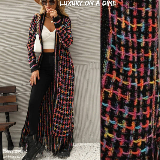 Retro Knit Bold Colorful Open Front Fringe Hem Longline Duster Sweater Cardigan
