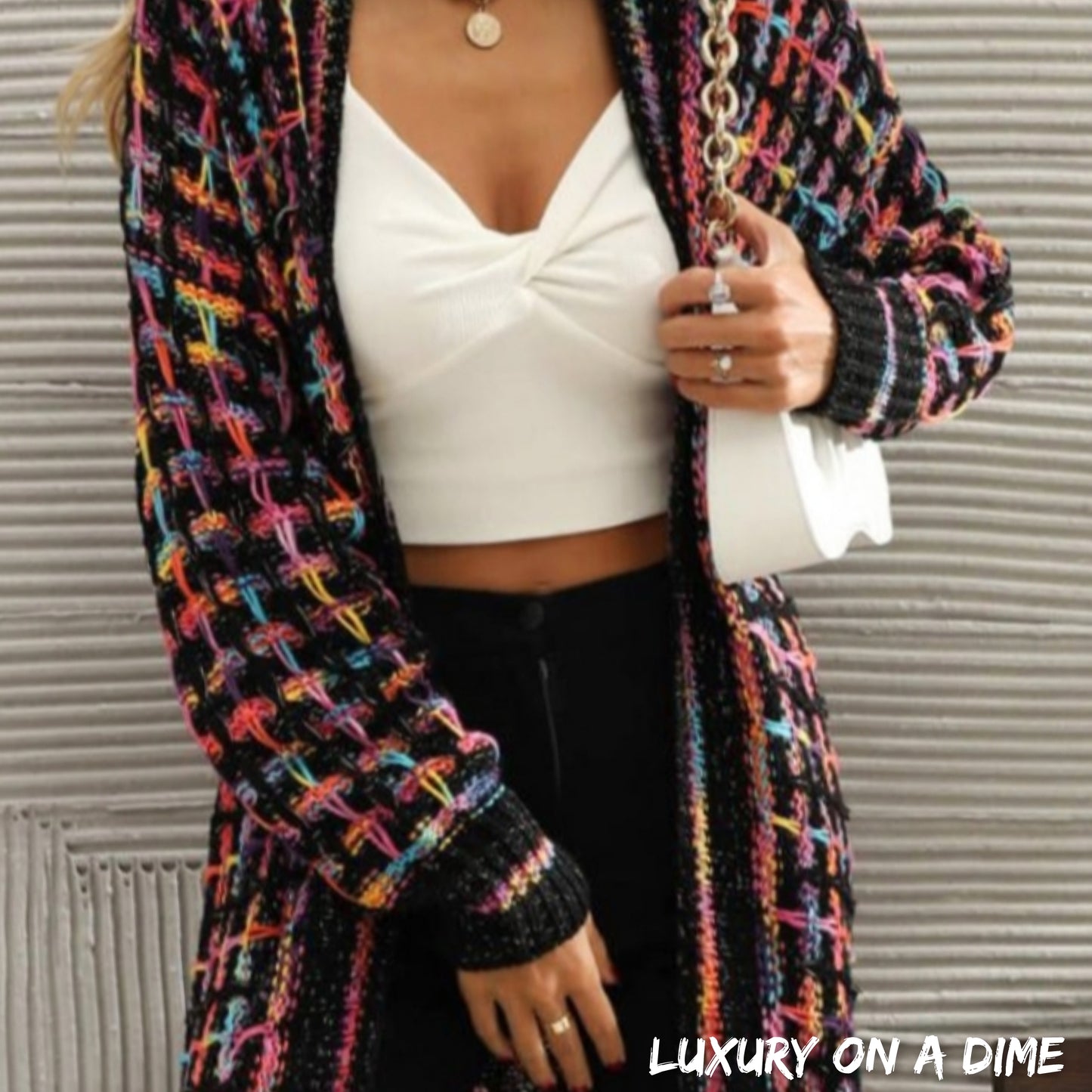 Retro Knit Bold Colorful Open Front Fringe Hem Longline Duster Sweater Cardigan