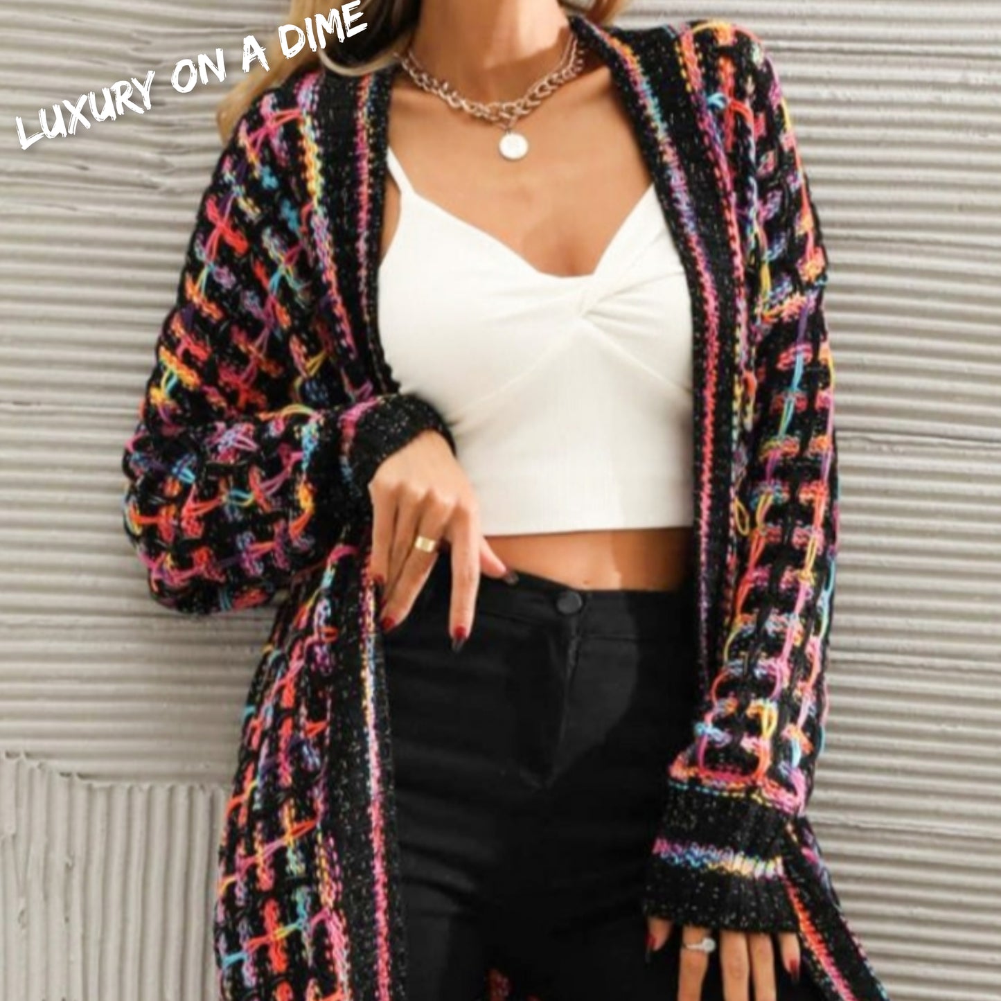 Retro Knit Bold Colorful Open Front Fringe Hem Longline Duster Sweater Cardigan