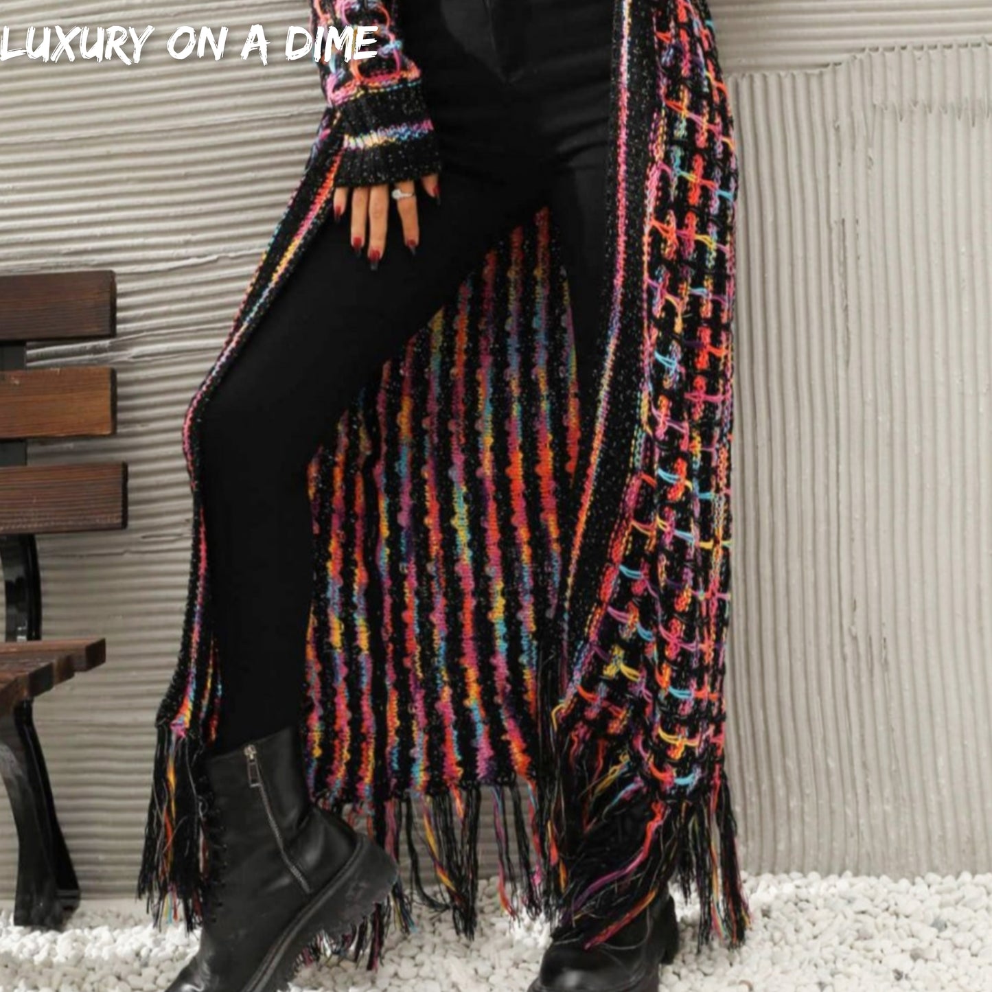 Retro Knit Bold Colorful Open Front Fringe Hem Longline Duster Sweater Cardigan
