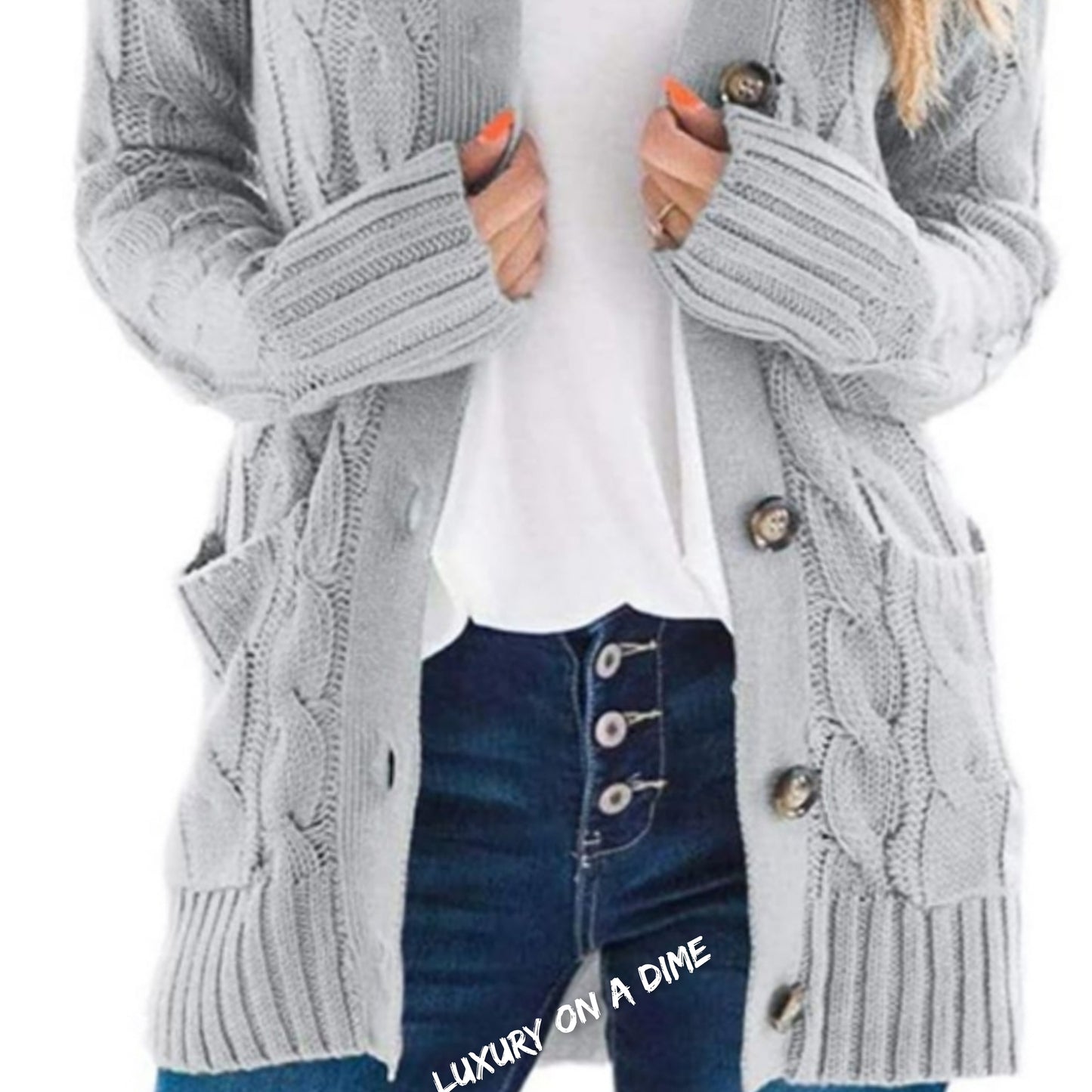 Classic Cable-Knit Buttoned Oversized Cardigan Patch Pockets