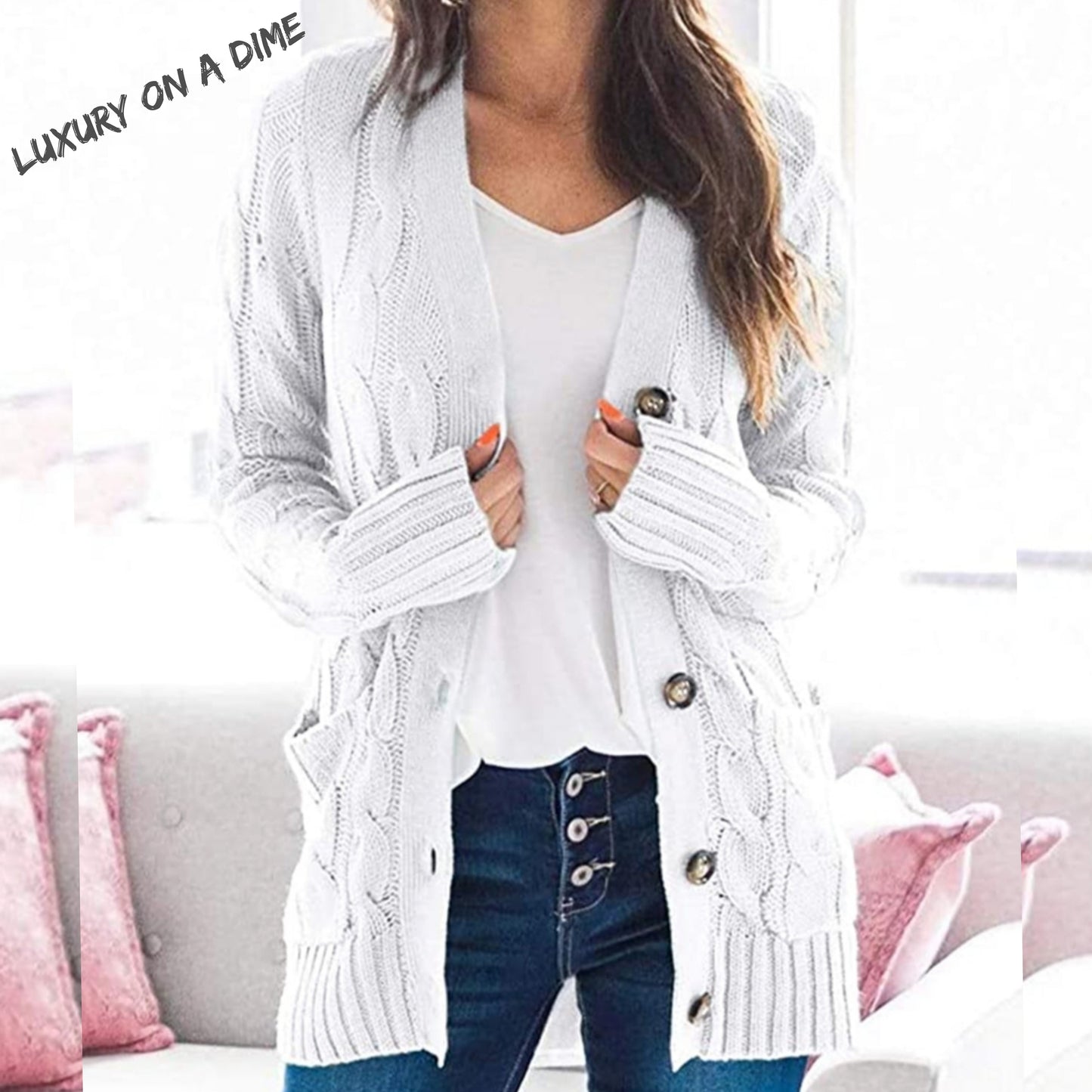 Classic Cable-Knit Buttoned Oversized Cardigan Patch Pockets