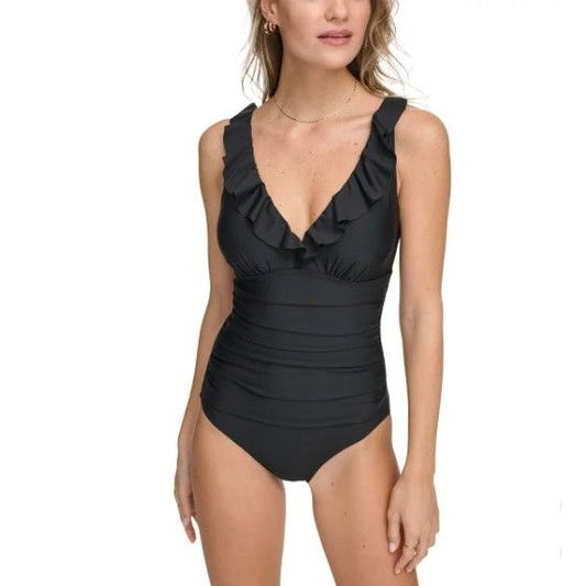 DKNY Swimwear Ruffle Plunge V-Neck Underwire One-Piece Swimsuit UPF 40+ Black