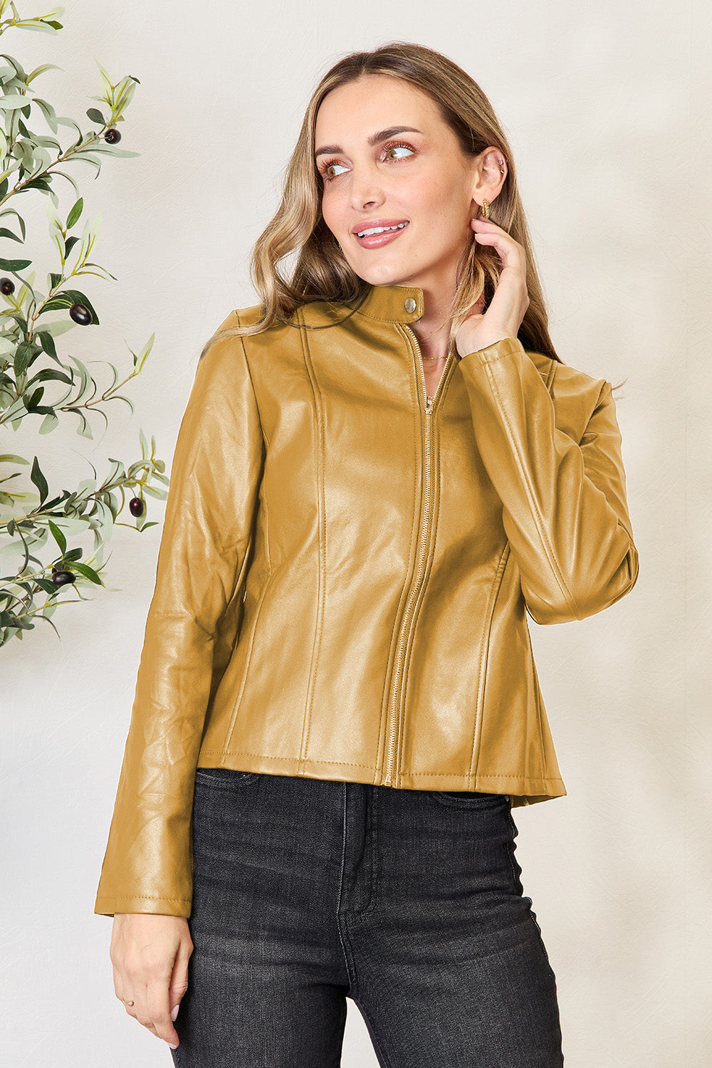 Chic Moto Vegan Leather Jacket Zip-up Sleek Snap Mock Neck