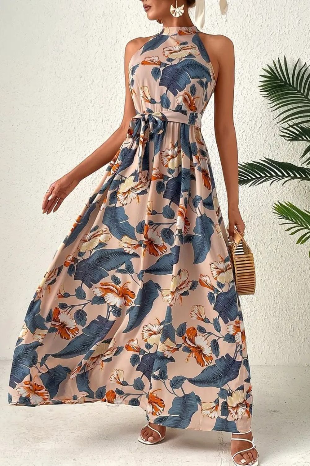 Grecian High-Neck Tie Belt Sleeveless Bold Colorful Tiered Maxi Summer Dress