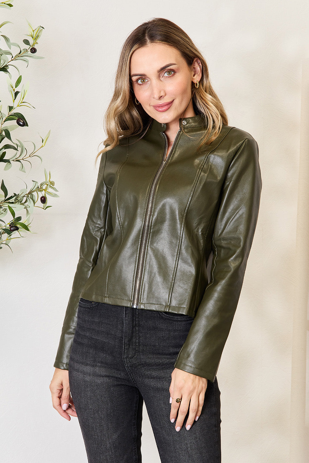Chic Moto Vegan Leather Jacket Zip-up Sleek Snap Mock Neck
