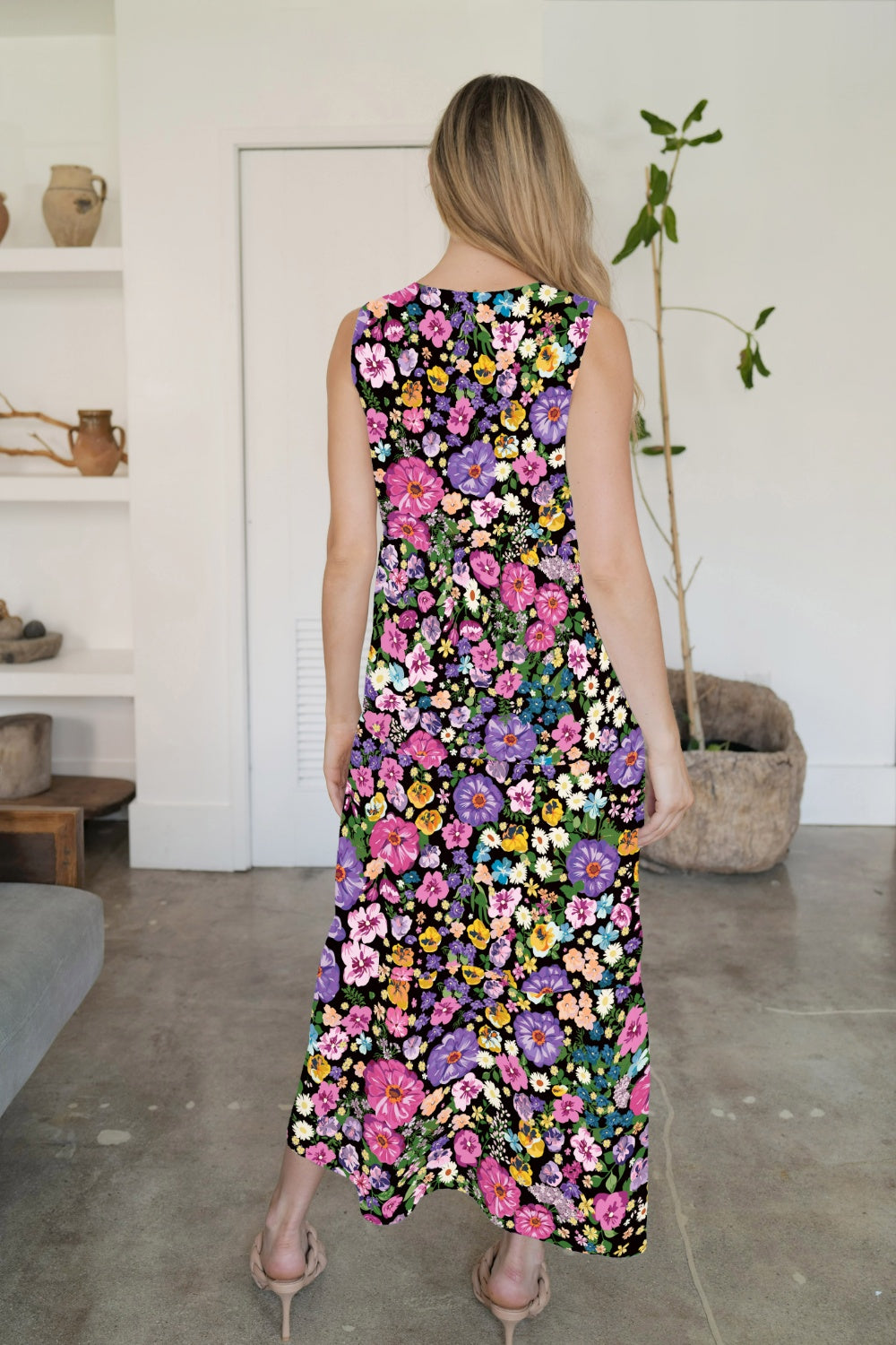 Bold Colorful Retro Floral Sleeveless Tiered V-Neck Oversized Summer Maxi Dress