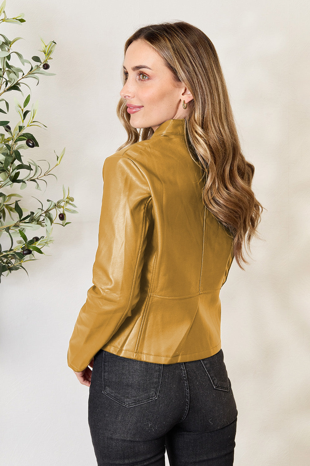 Chic Moto Vegan Leather Jacket Zip-up Sleek Snap Mock Neck