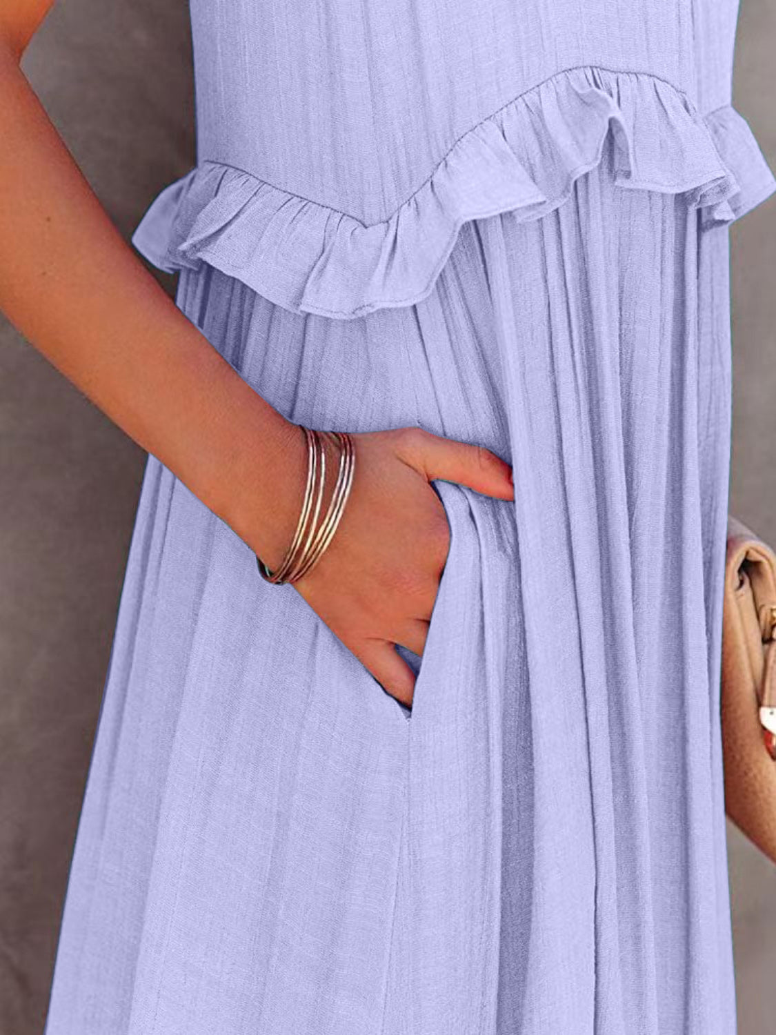 Ruffle Sleeveless Grecian Tie Back Tiered Summer Side Pocket Oversized High-Low Maxi Dress