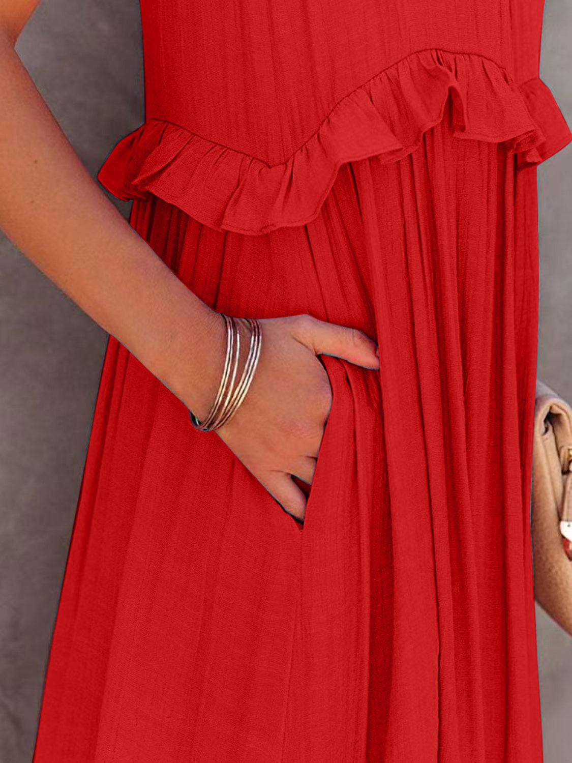 Ruffle Sleeveless Grecian Tie Back Tiered Summer Side Pocket Oversized High-Low Maxi Dress