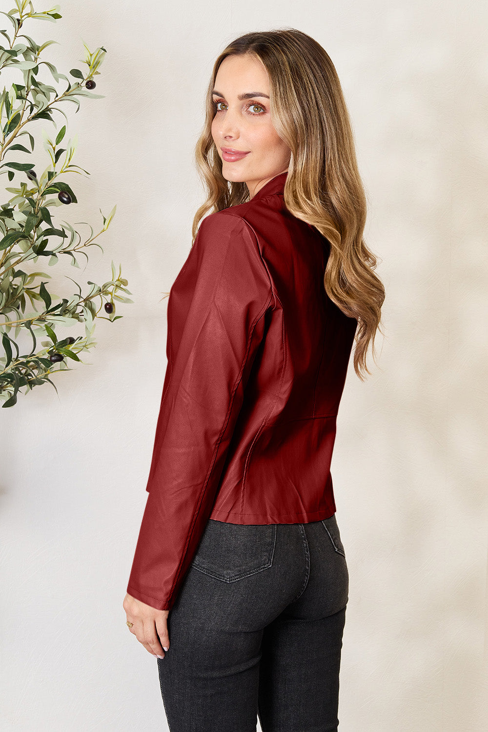 Chic Moto Vegan Leather Jacket Zip-up Sleek Snap Mock Neck