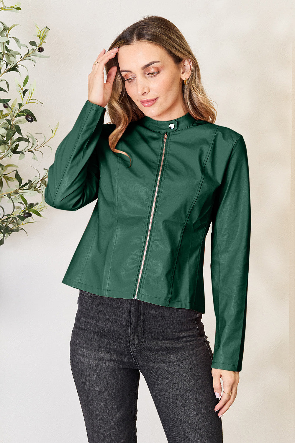 Chic Moto Vegan Leather Jacket Zip-up Sleek Snap Mock Neck