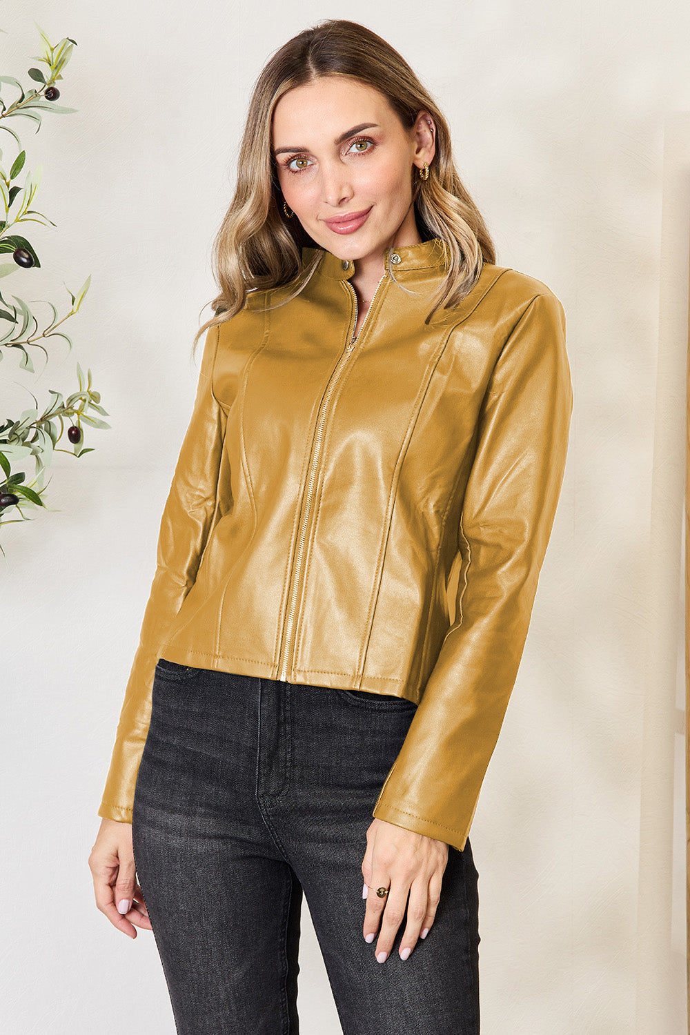 Chic Moto Vegan Leather Jacket Zip-up Sleek Snap Mock Neck