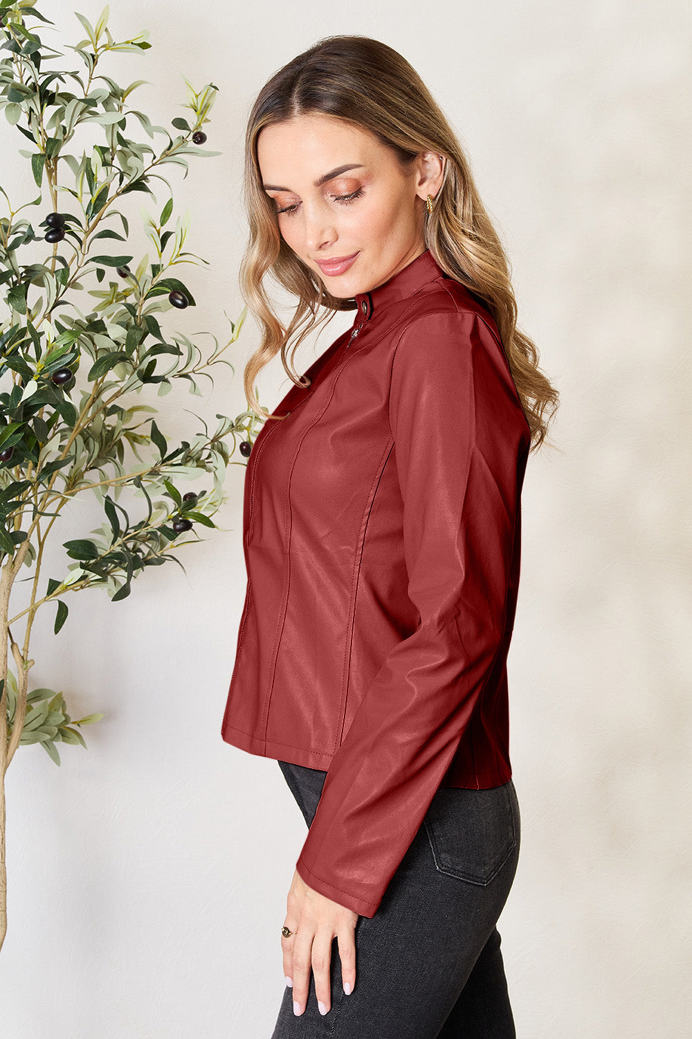 Chic Moto Vegan Leather Jacket Zip-up Sleek Snap Mock Neck