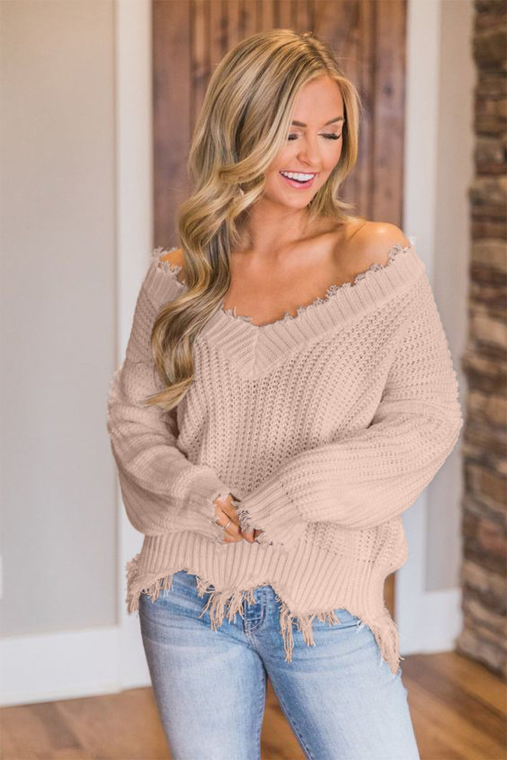 Distressed Raw Hem Off Shoulder Wide Neck Long Sleeve Waffle Knit Sweater Shirt