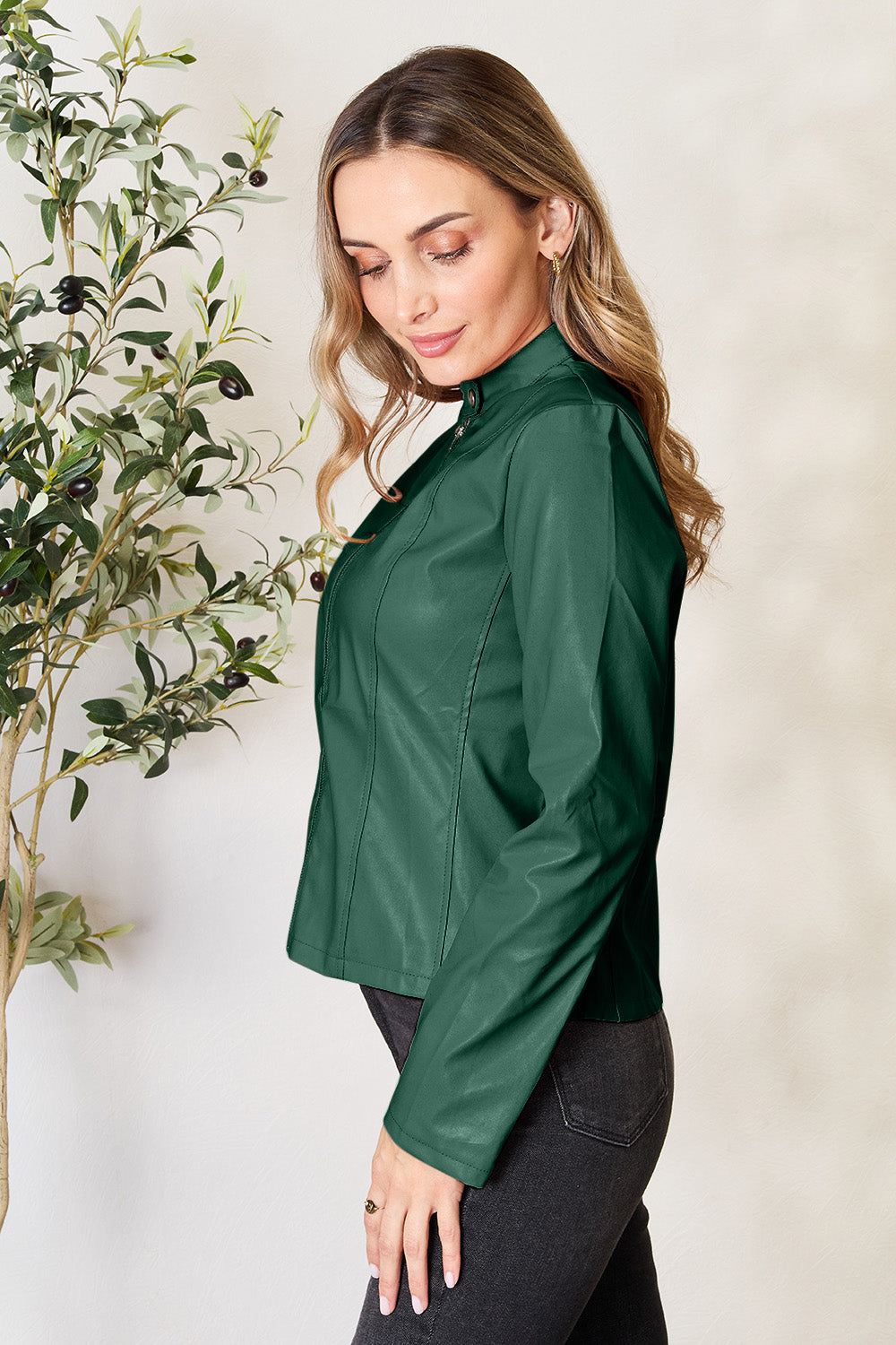 Chic Moto Vegan Leather Jacket Zip-up Sleek Snap Mock Neck