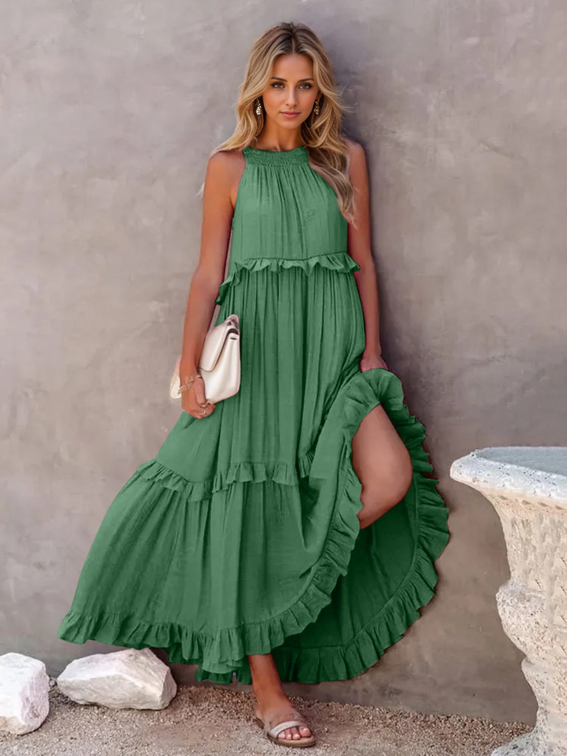 Ruffle Sleeveless Grecian Tie Back Tiered Summer Side Pocket Oversized High-Low Maxi Dress