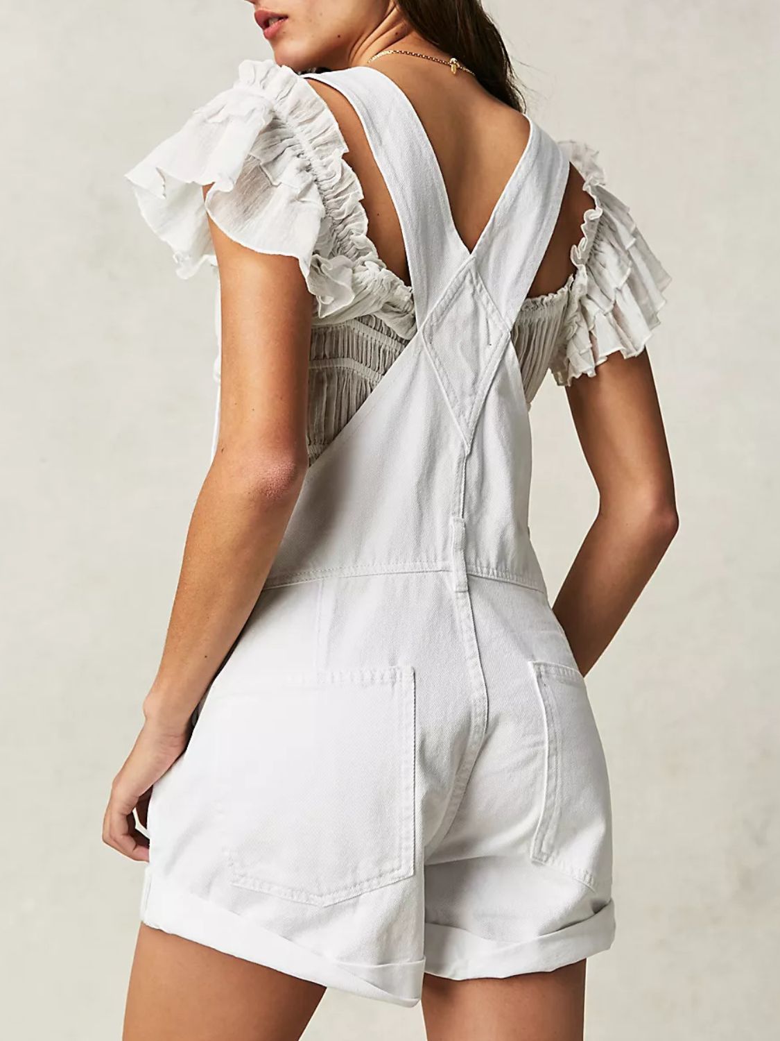 Retro Bib Overalls Patch Chest Pocket Sleeveless Romper White Jean Denim Shorts