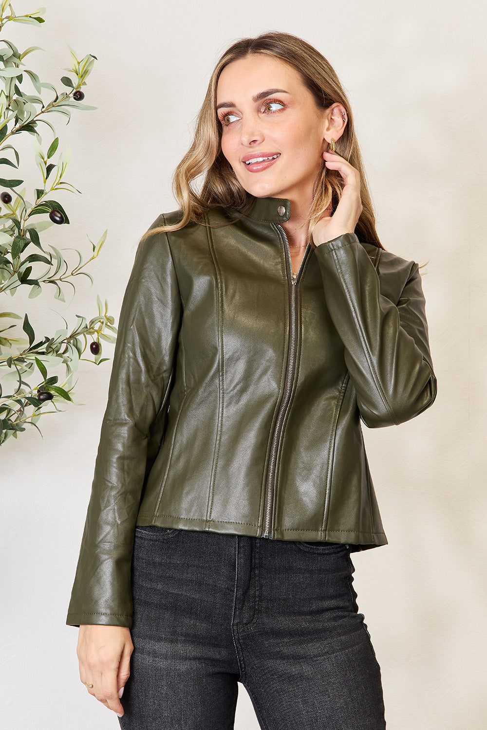 Chic Moto Vegan Leather Jacket Zip-up Sleek Snap Mock Neck