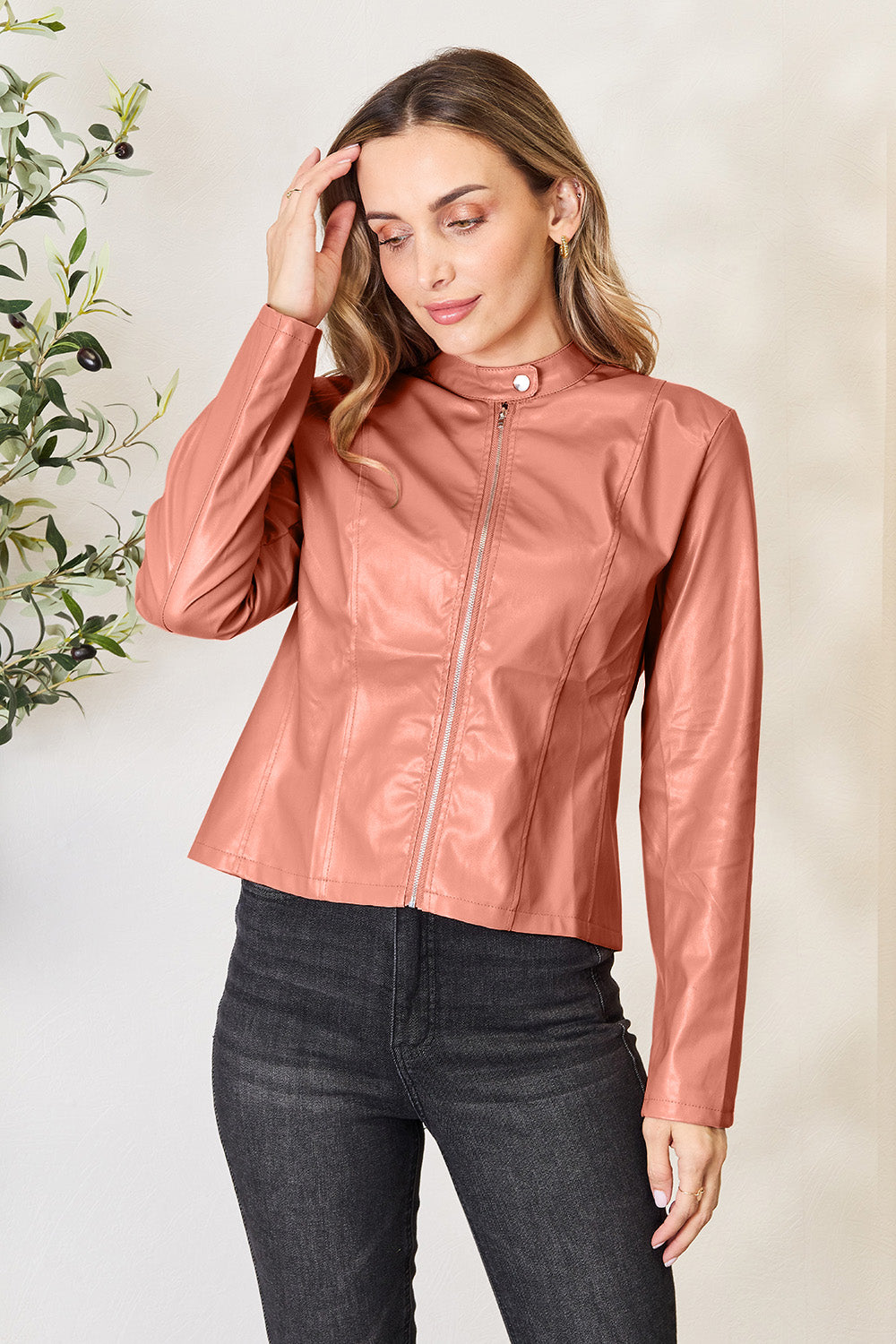 Chic Moto Vegan Leather Jacket Zip-up Sleek Snap Mock Neck