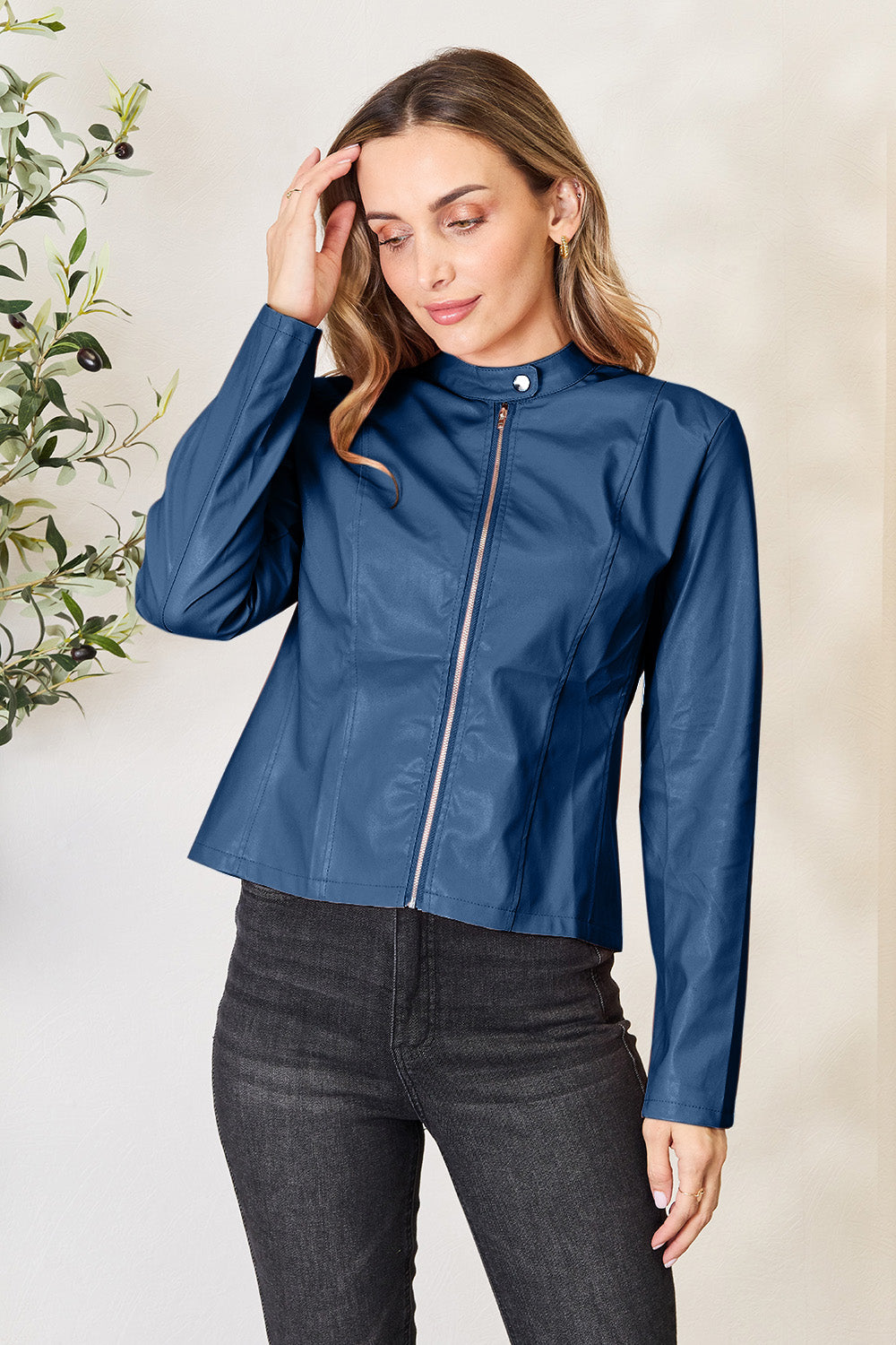 Chic Moto Vegan Leather Jacket Zip-up Sleek Snap Mock Neck