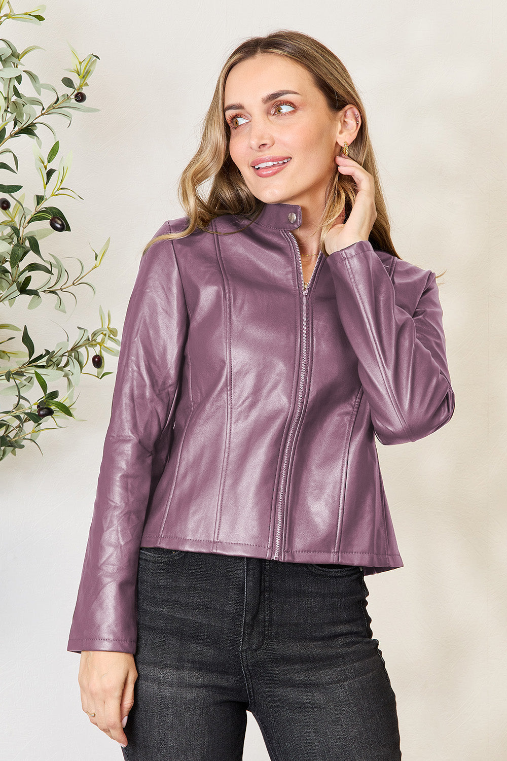 Chic Moto Vegan Leather Jacket Zip-up Sleek Snap Mock Neck