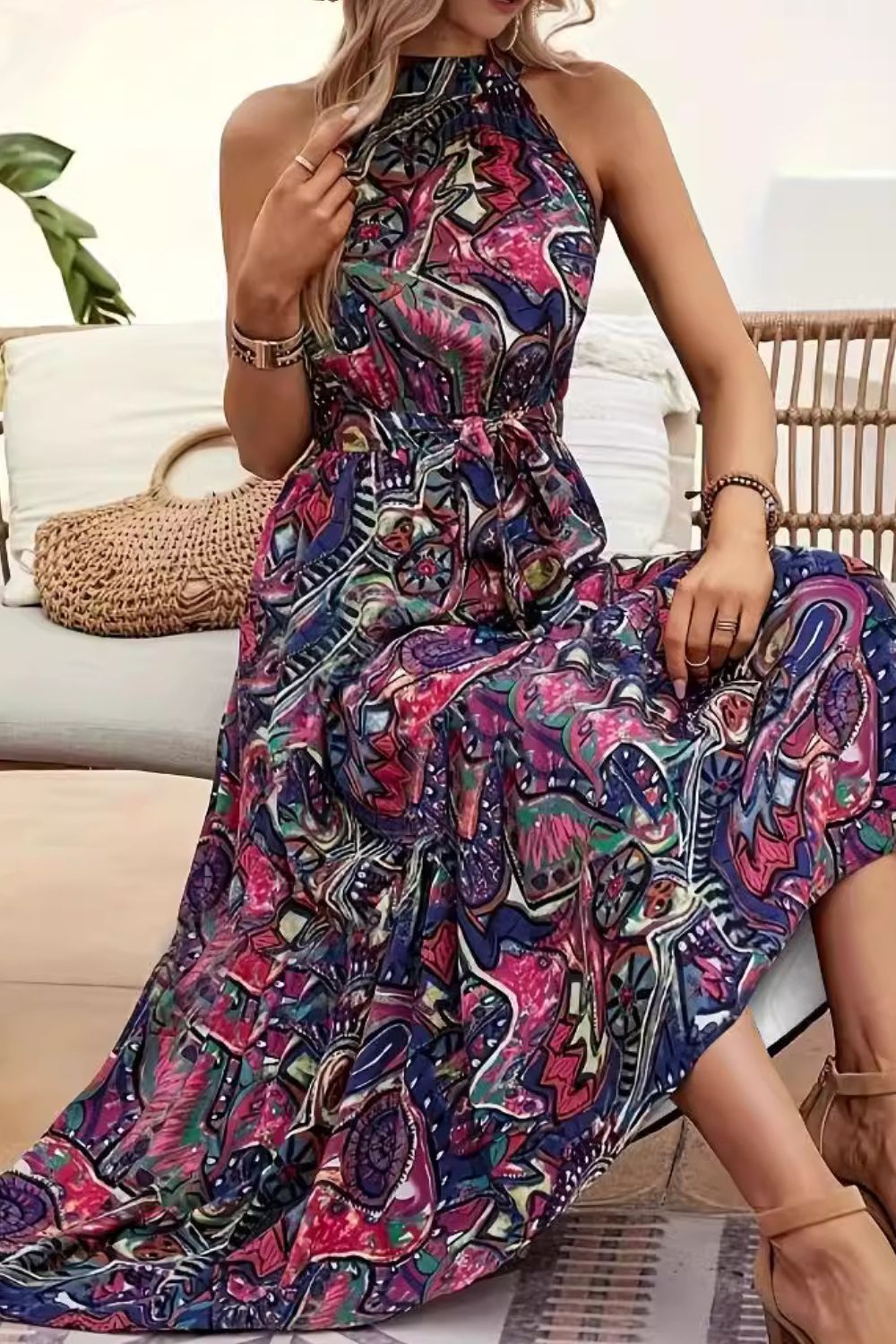 Grecian High-Neck Tie Belt Sleeveless Bold Colorful Tiered Maxi Summer Dress
