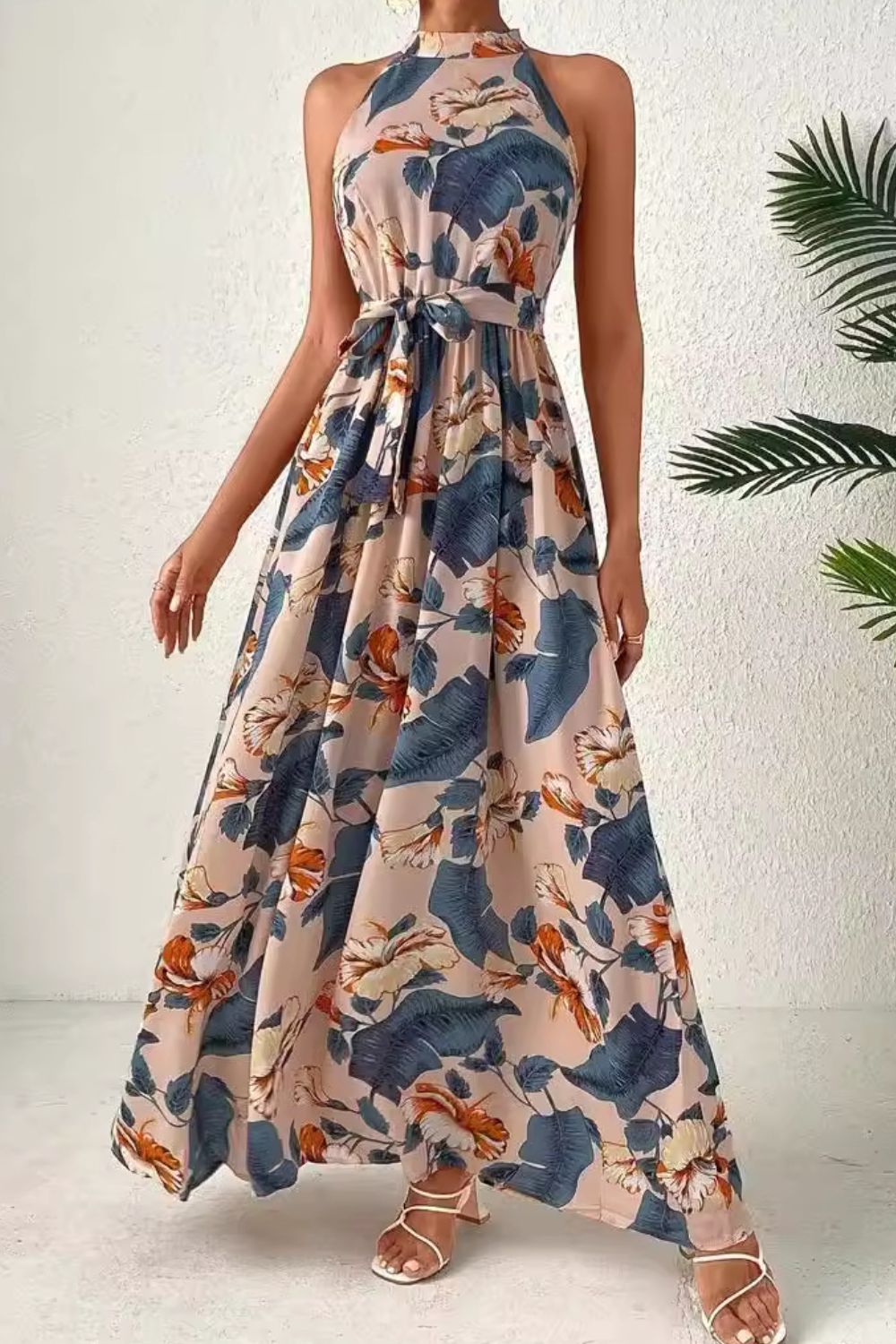 Grecian High-Neck Tie Belt Sleeveless Bold Colorful Tiered Maxi Summer Dress