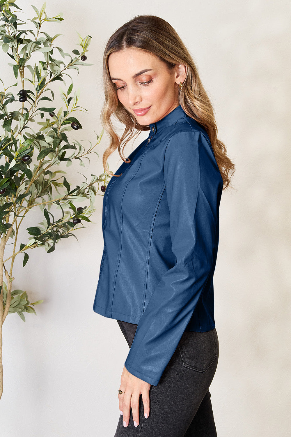 Chic Moto Vegan Leather Jacket Zip-up Sleek Snap Mock Neck