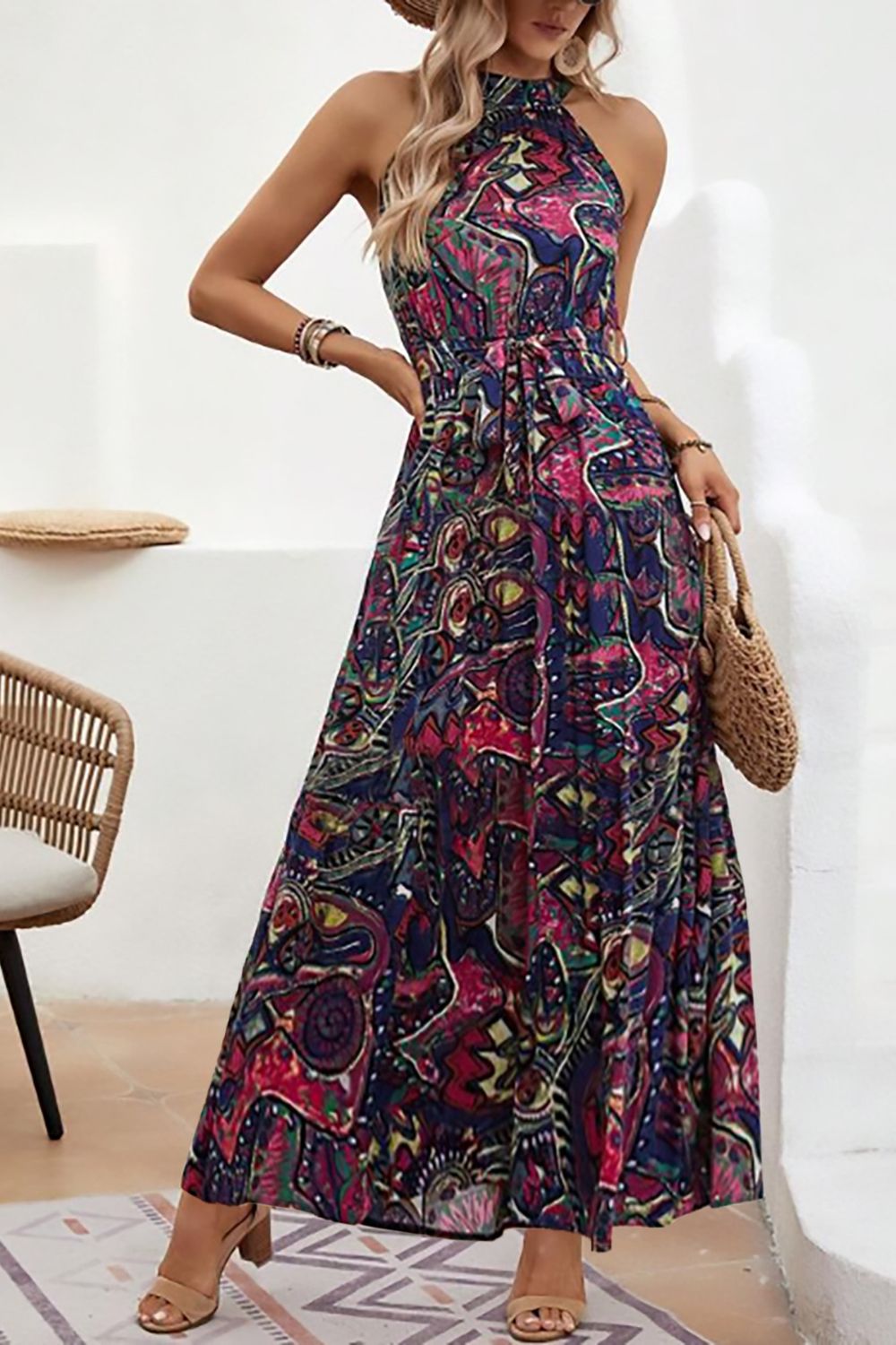 Grecian High-Neck Tie Belt Sleeveless Bold Colorful Tiered Maxi Summer Dress