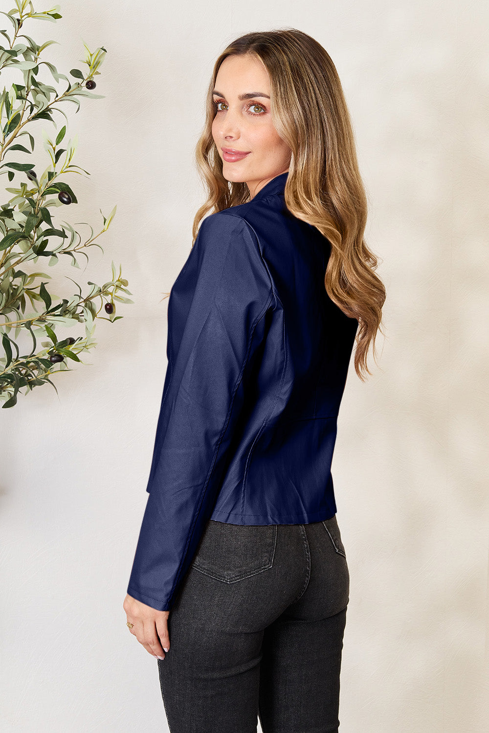 Chic Moto Vegan Leather Jacket Zip-up Sleek Snap Mock Neck