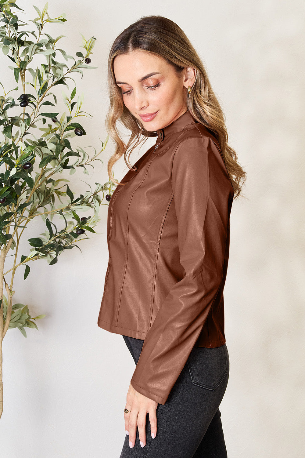 Chic Moto Vegan Leather Jacket Zip-up Sleek Snap Mock Neck