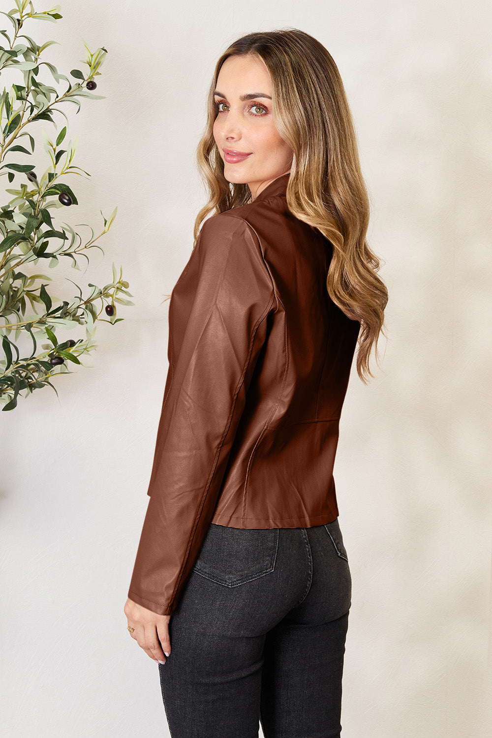 Chic Moto Vegan Leather Jacket Zip-up Sleek Snap Mock Neck
