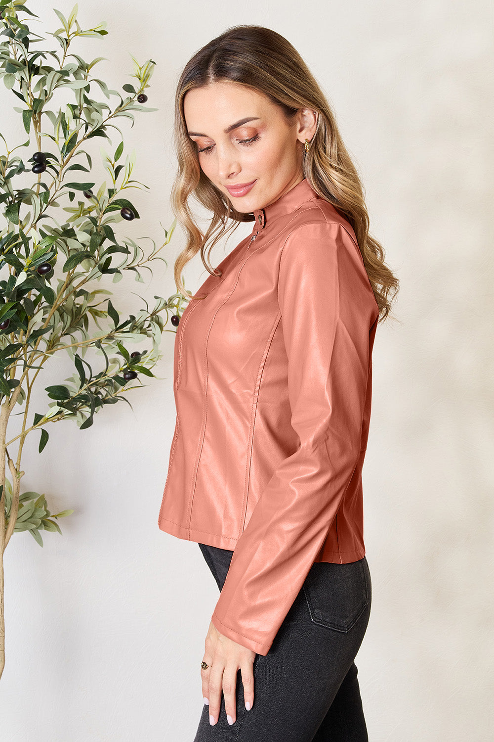 Chic Moto Vegan Leather Jacket Zip-up Sleek Snap Mock Neck