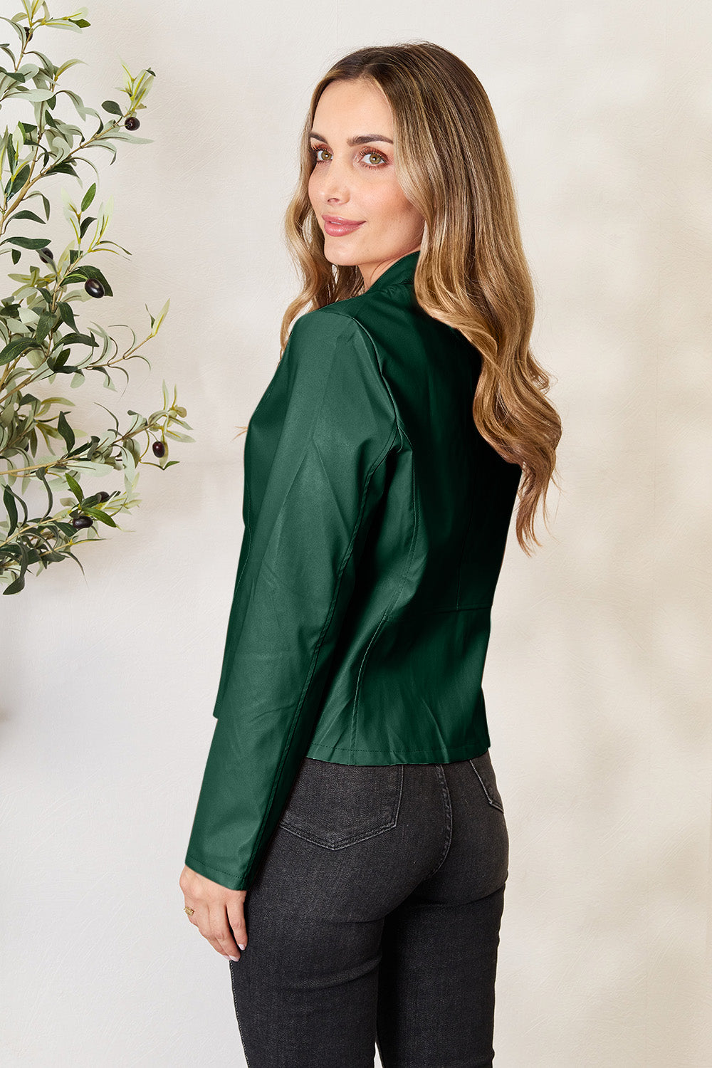 Chic Moto Vegan Leather Jacket Zip-up Sleek Snap Mock Neck
