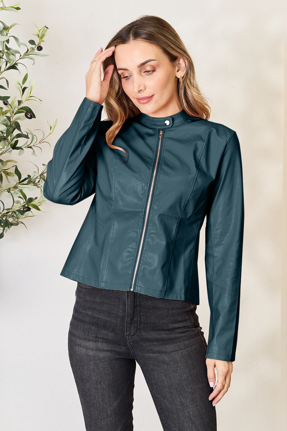Chic Moto Vegan Leather Jacket Zip-up Sleek Snap Mock Neck