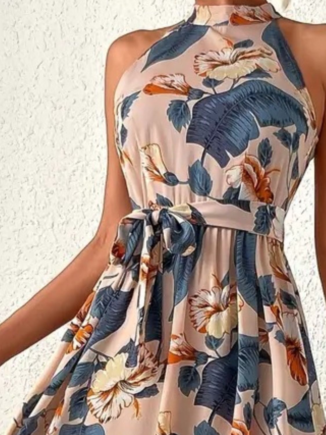 Grecian High-Neck Tie Belt Sleeveless Bold Colorful Tiered Maxi Summer Dress