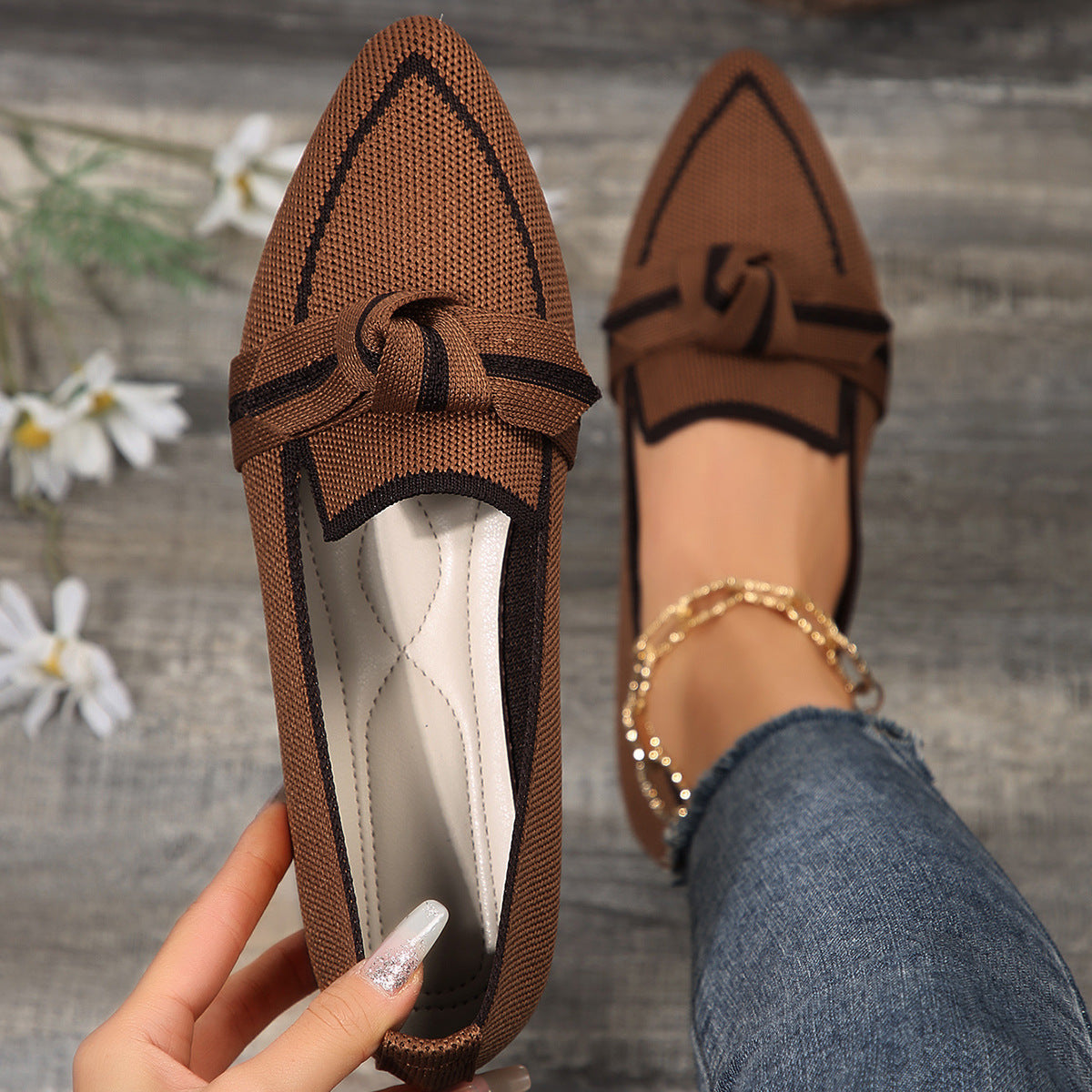 Pointed Bow Top Knit Contrasting Stripe Ballet Flat Casual Loafer Slip-on Shoes