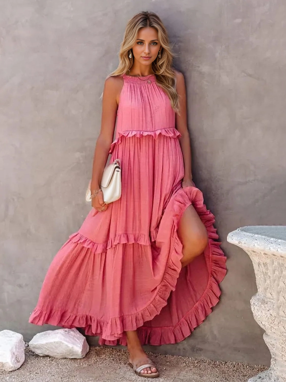 Ruffle Sleeveless Grecian Tie Back Tiered Summer Side Pocket Oversized High-Low Maxi Dress