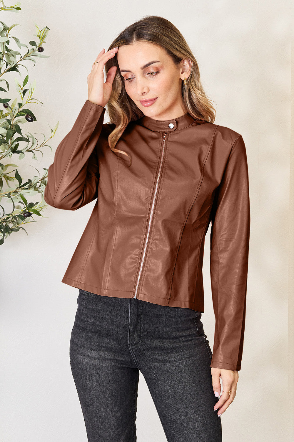 Chic Moto Vegan Leather Jacket Zip-up Sleek Snap Mock Neck