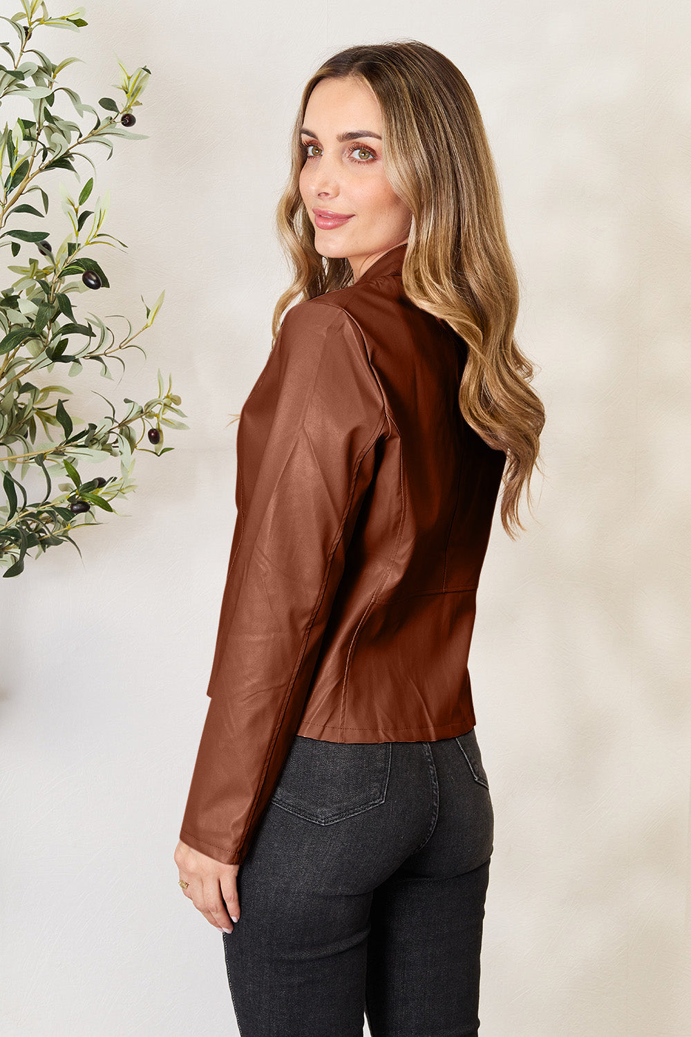 Chic Moto Vegan Leather Jacket Zip-up Sleek Snap Mock Neck