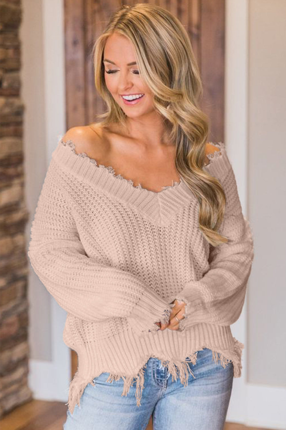 Distressed Raw Hem Off Shoulder Wide Neck Long Sleeve Waffle Knit Sweater Shirt