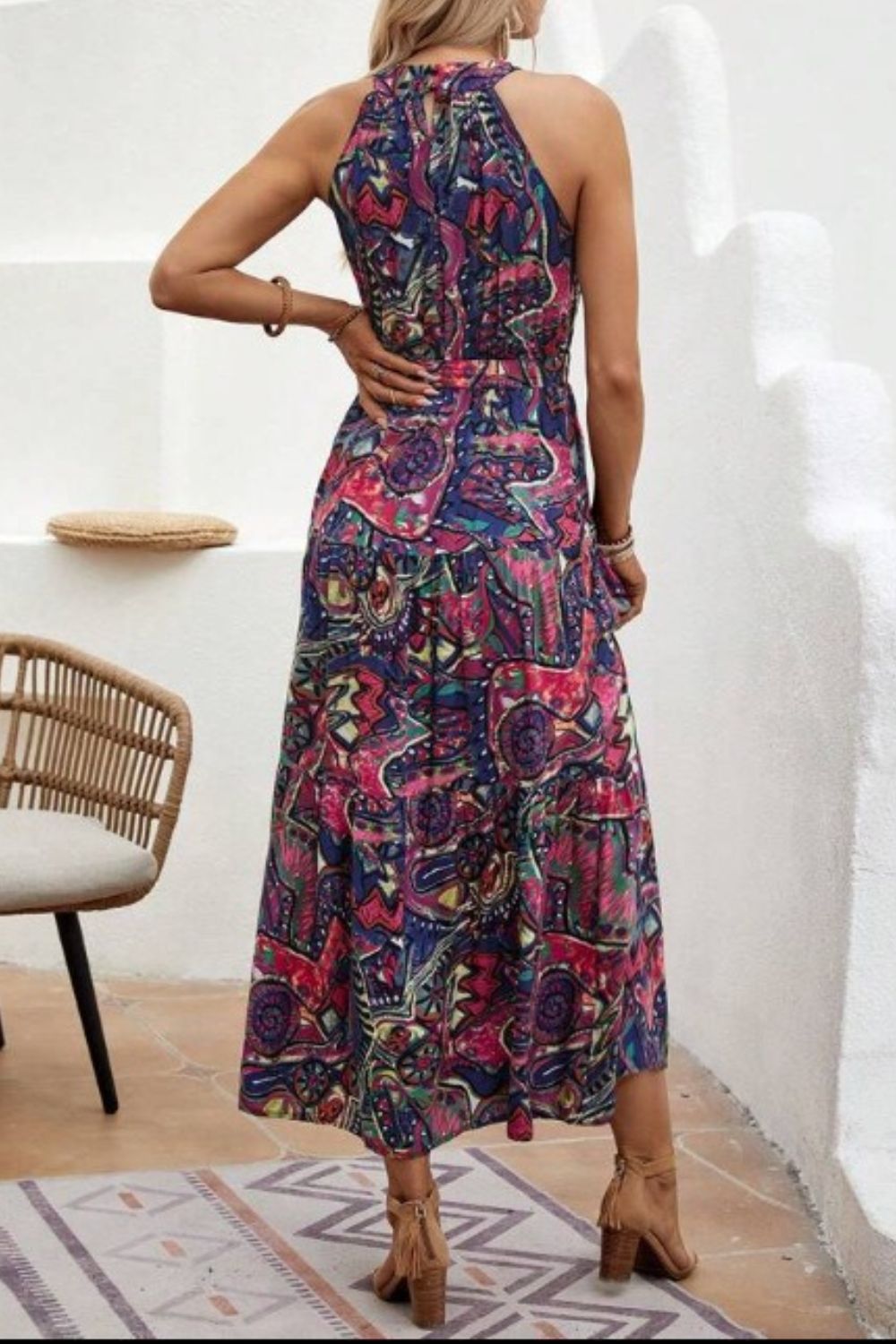 Grecian High-Neck Tie Belt Sleeveless Bold Colorful Tiered Maxi Summer Dress