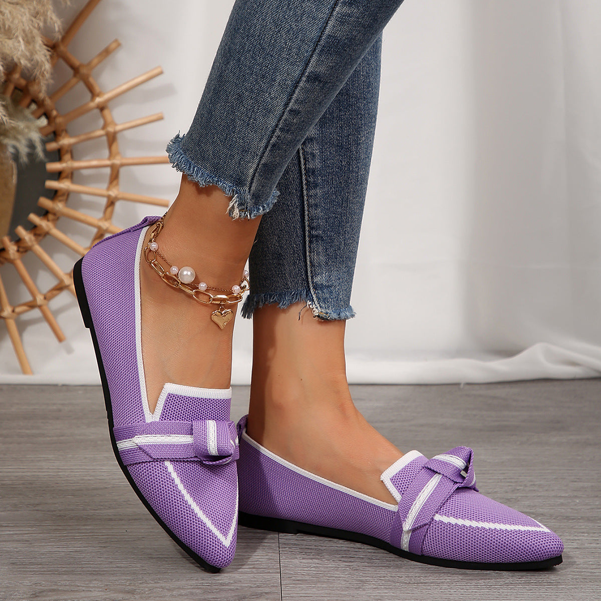 Pointed Bow Top Knit Contrasting Stripe Ballet Flat Casual Loafer Slip-on Shoes